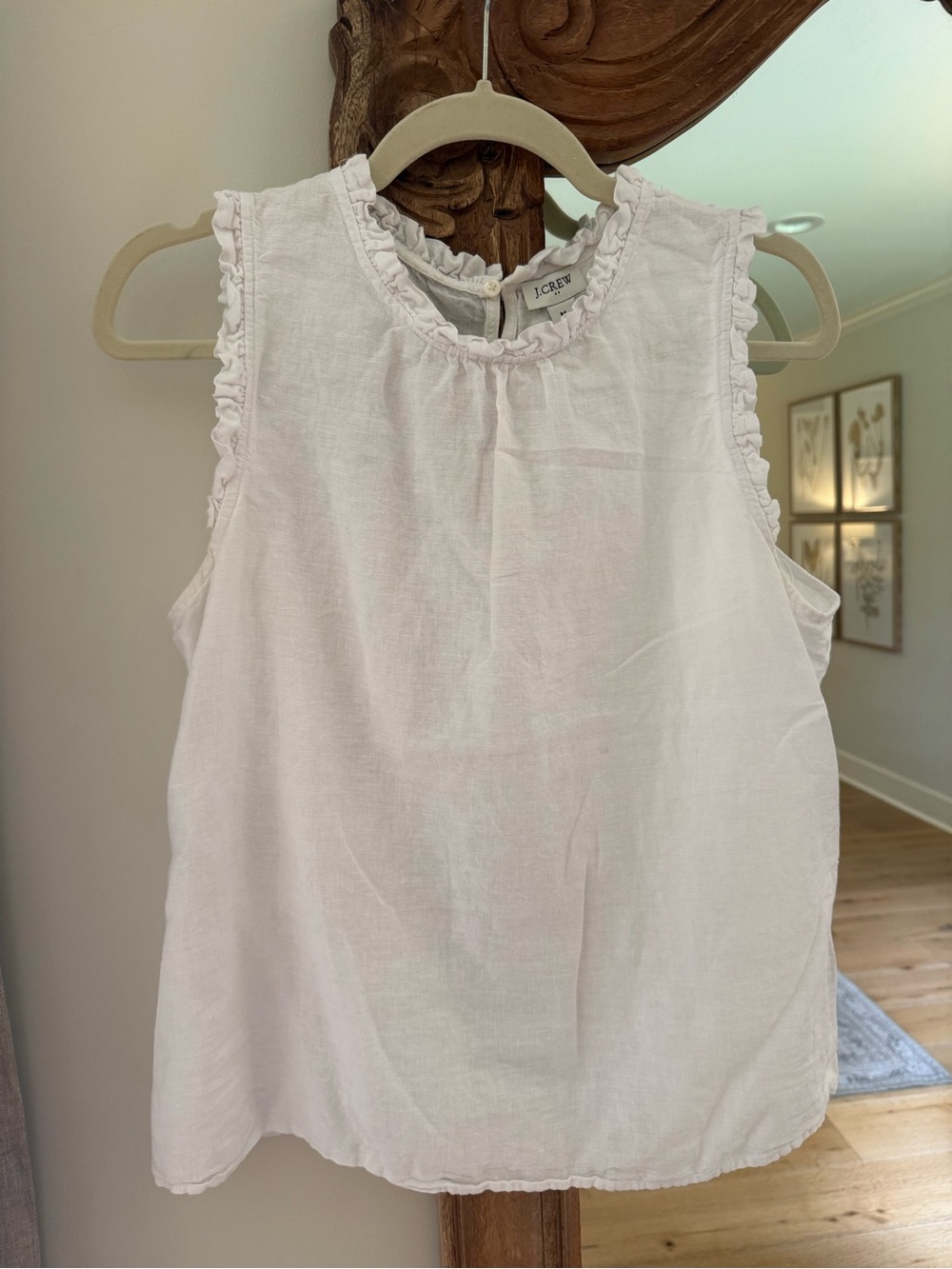 J. Crew White Ruffle-Trim Linen Tank